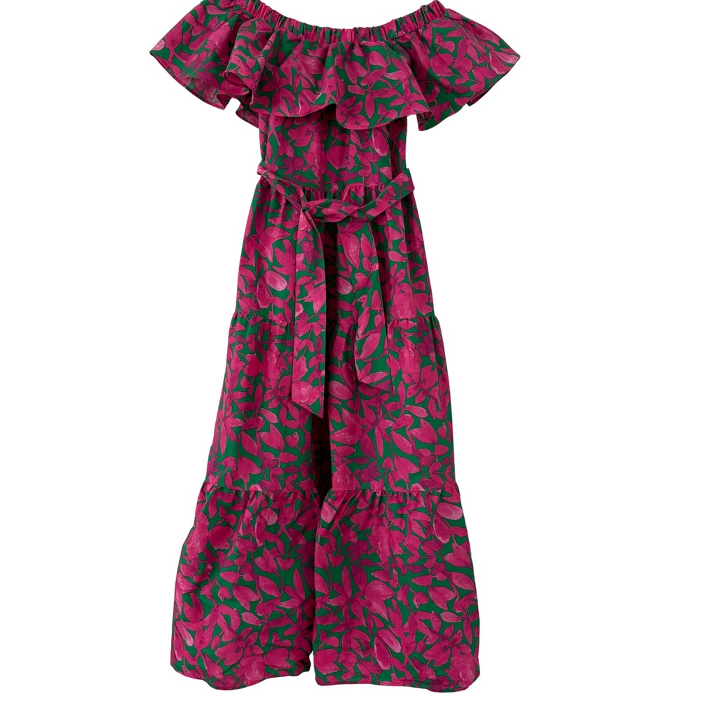 J'da Palm Beach Pink Green Floral Off‎ Shoulder Ruffle Tiered Maxi Dress Size 1